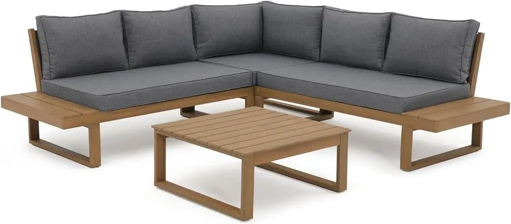 L-Shaped Acacia Wood Patio Sectional Sofa Set with Coffee Table