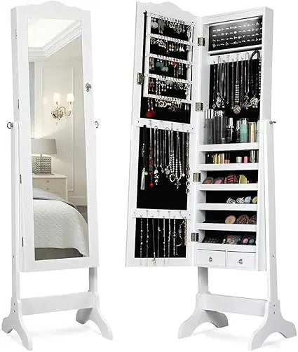 Standing Lockable Mirrored Jewelry Cabinet with LED Lighting and Drawers