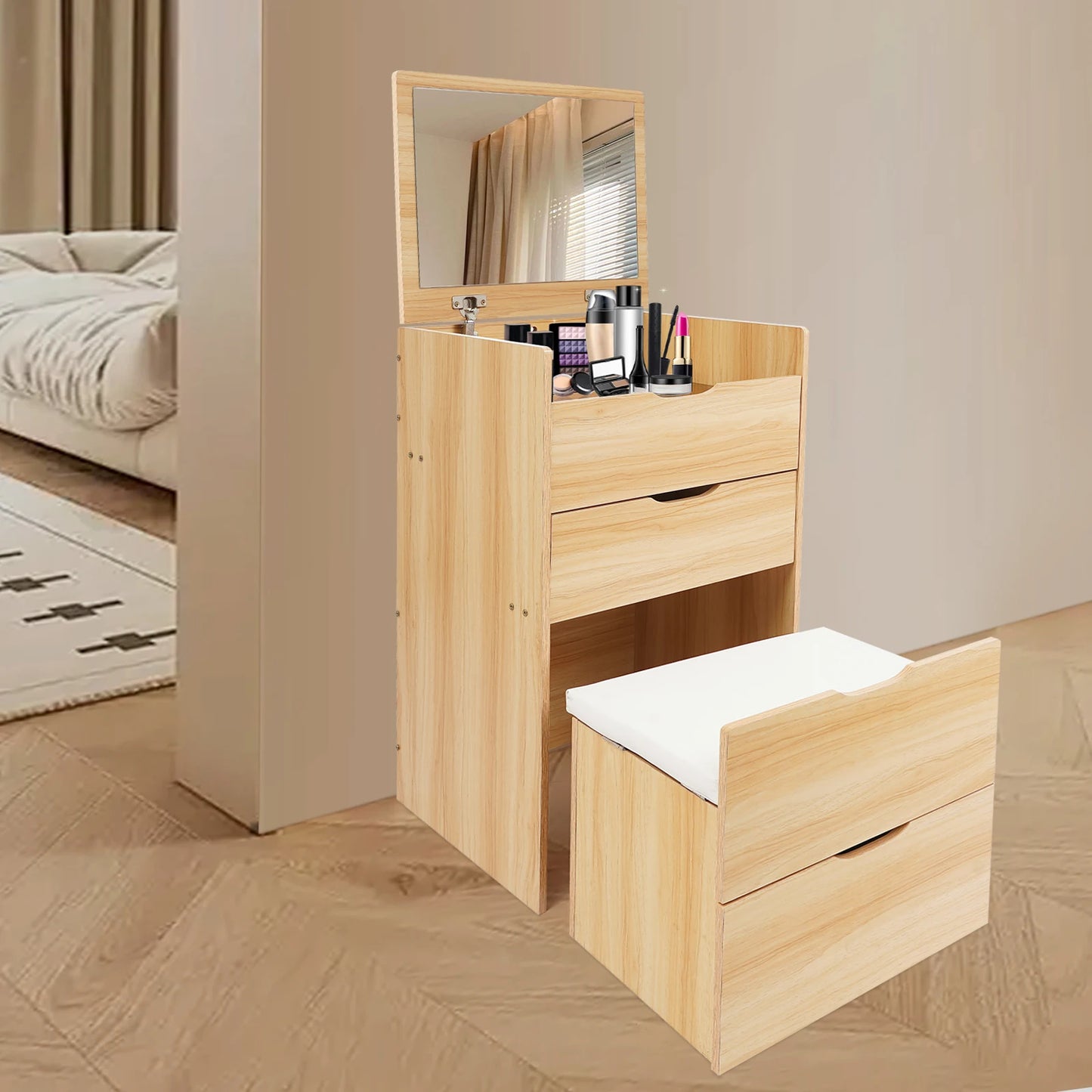 48CM Log Color Vanity Desk with Makeup Stool Modern Dresser Table