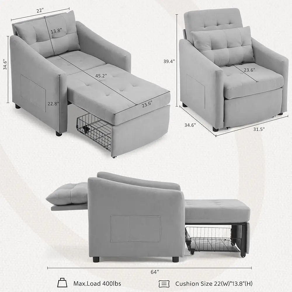 3-in-1 Convertible Sleeper Sofa Chair Bed with Storage Drawer Pillow