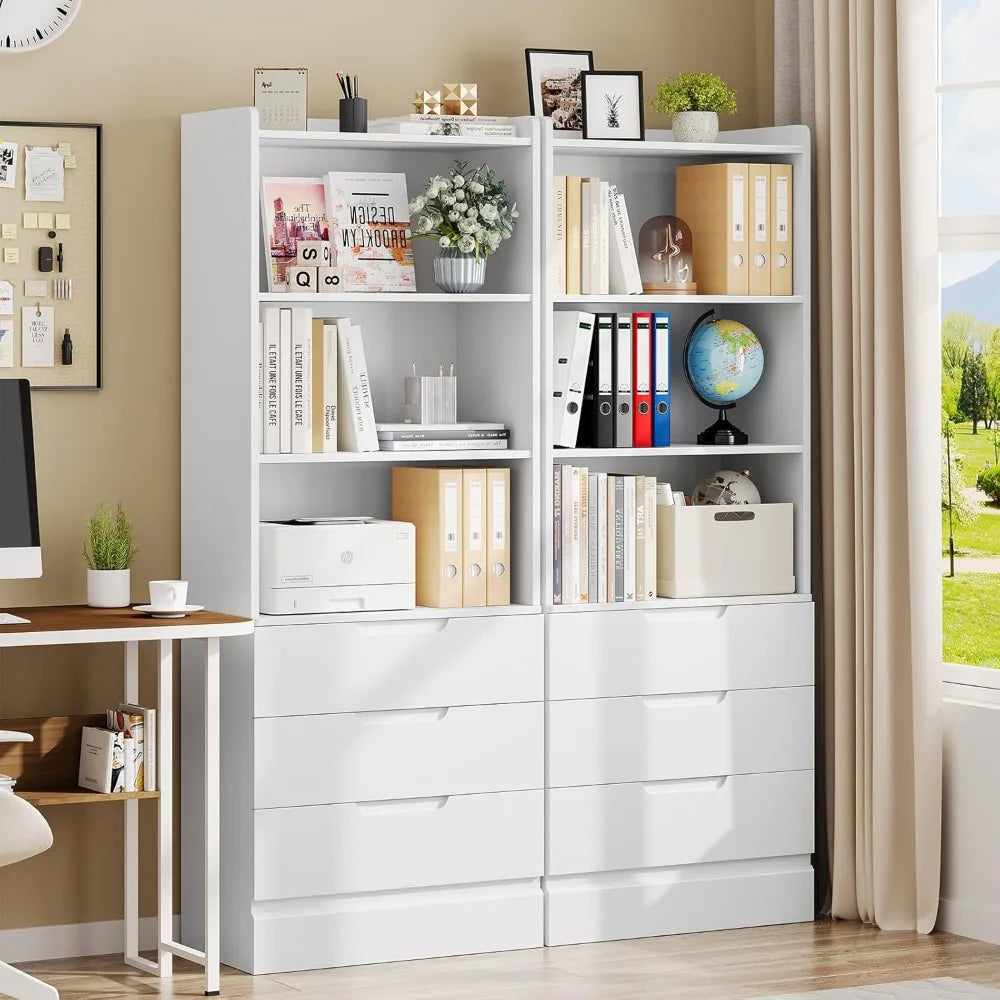 Tall Bookshelf with Drawers Open Shelves Modern White Bookcase