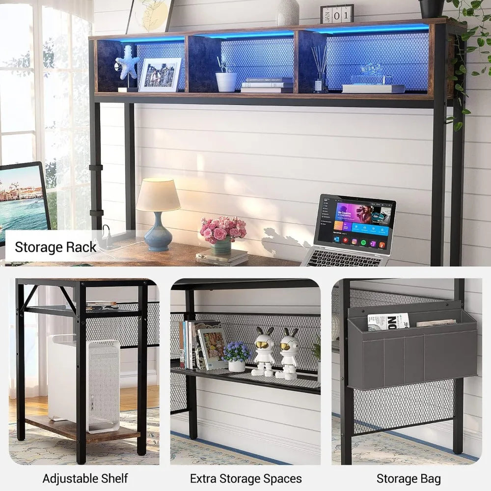 L Shaped Computer Desk with LED Lights USB Ports Reversible Storage