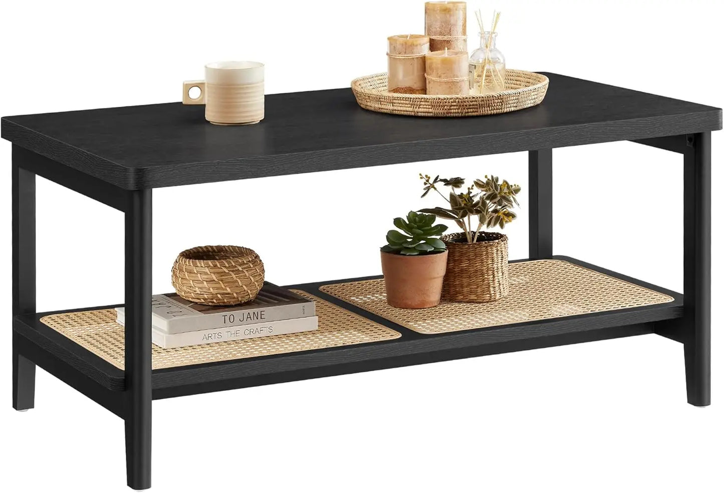 2-Tier Coffee Table for Living Room, Rectangular Living Room Table, with PVC Rattan Storage Shelf, Rounded Corners, Easy