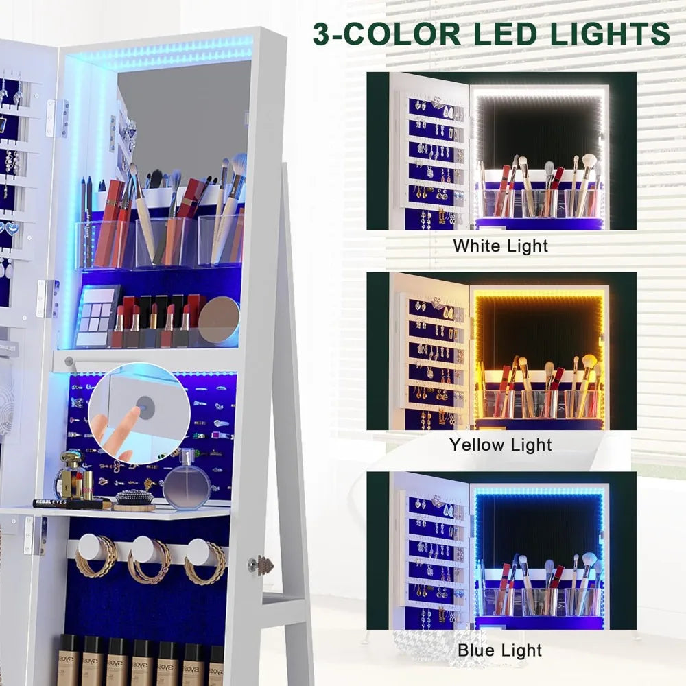 360° Swivel Jewelry Organizer with LED Mirror Storage Cabinet