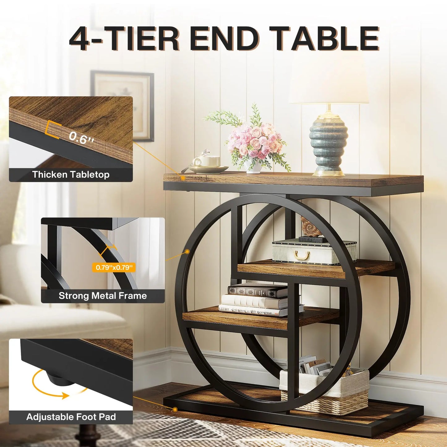 Ljustra Industrial 4-Tier End Table with Storage Shelves for Living Room