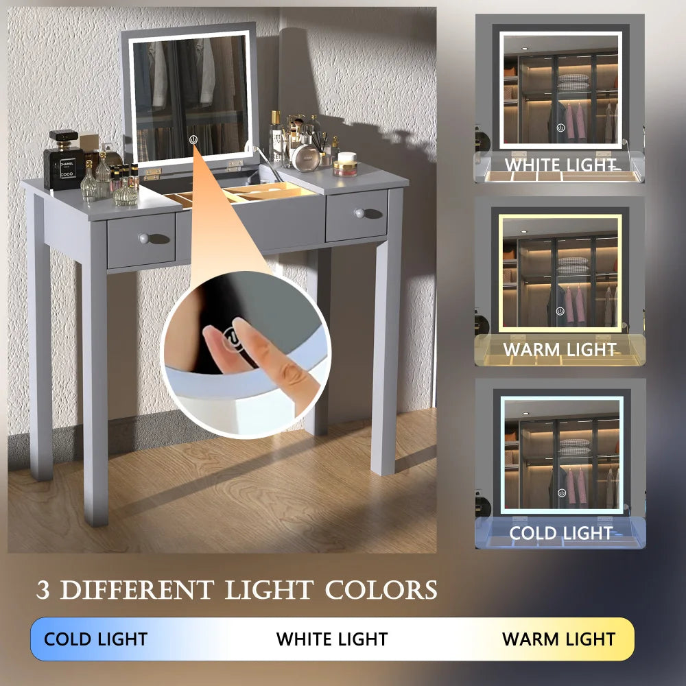 Elegant Black Vanity Table with LED Mirror and Jewelry Storage