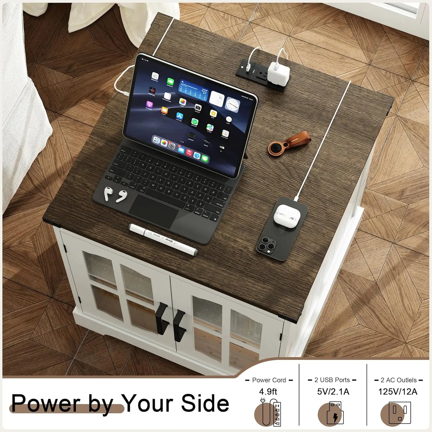 Farmhouse End Table Set of 2 with Charging Station LED Light