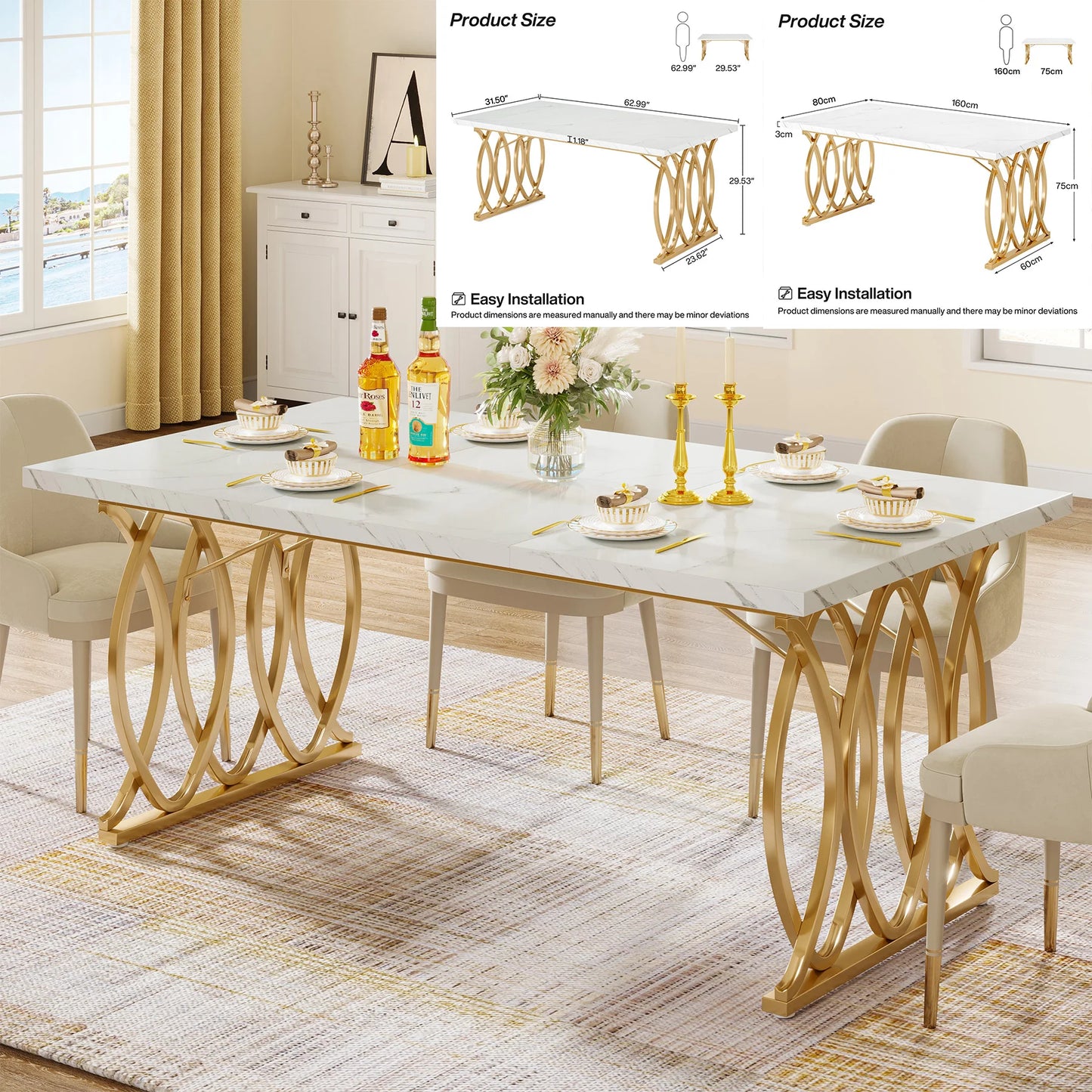 Ljustra 63 Inch Dining Table Rectangular Kitchen Faux Marble Modern Design