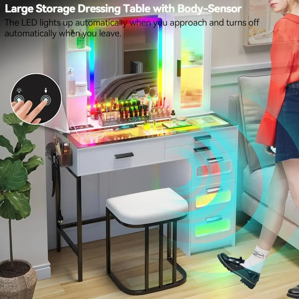 Modern Vanity Desk with Mirror LED Lights Charging Station Makeup Table