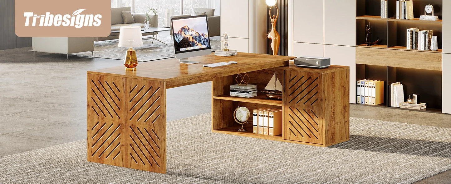 Modern L-Shaped Executive Desk with Drawers and File Cabinet Office