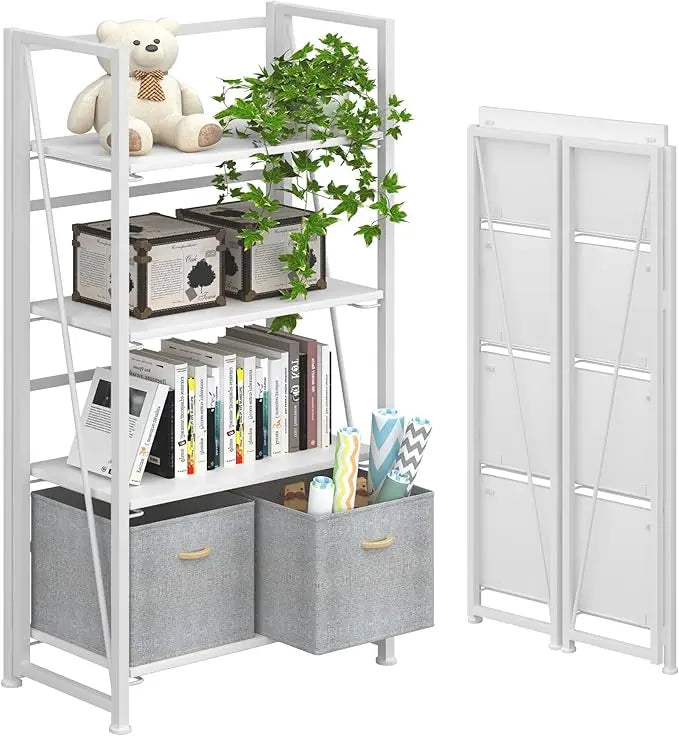 No-Assembly Folding Bookshelf 4 Tier Vintage Storage Organizer Rack