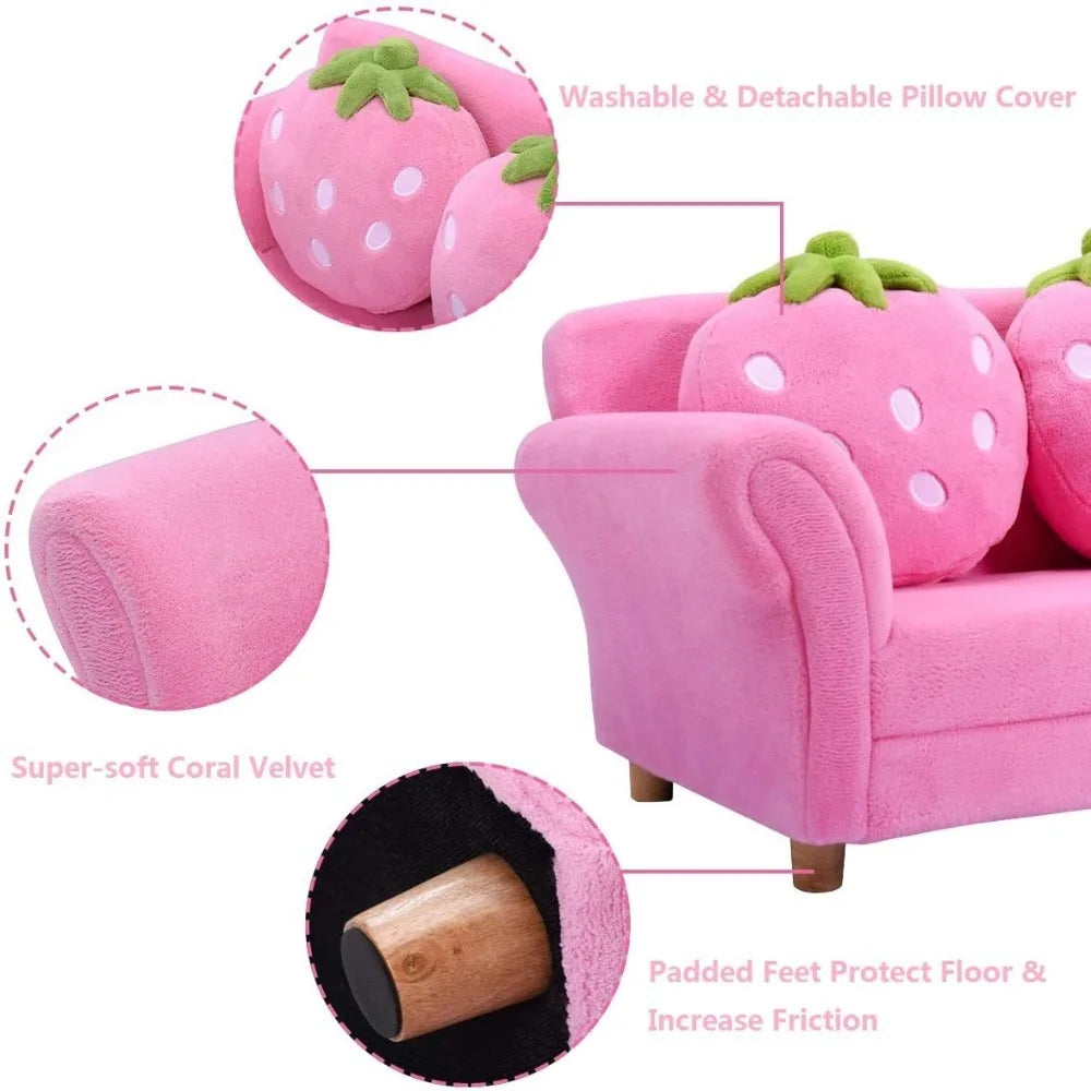 Pink Double Seat Sofa with Strawberry Pillows for Kids Room