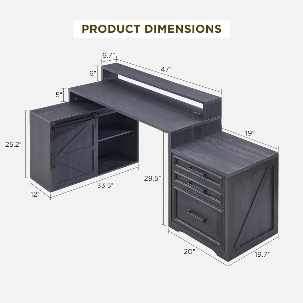 Modern Farmhouse Home Office Desk with File Cabinet 67 Inch