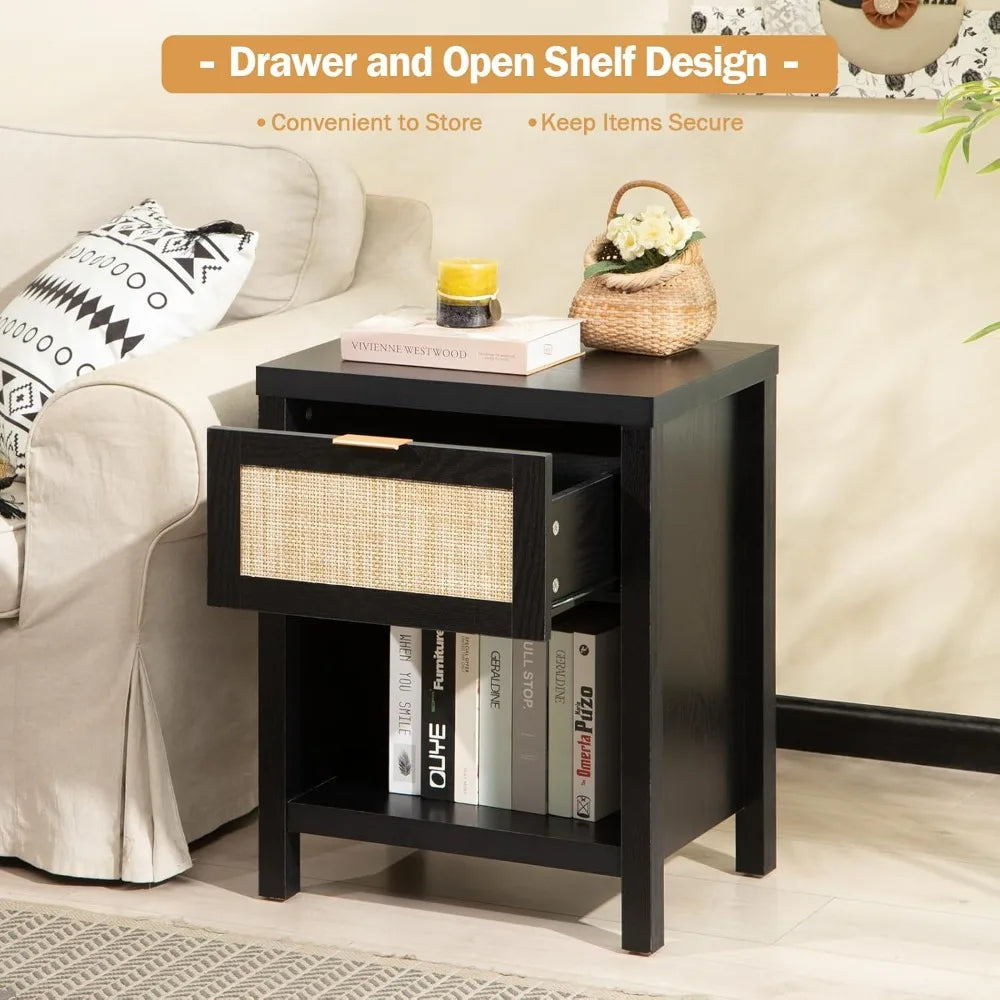 Rattan Night Stands Set of 2 Farmhouse Nightstand Bedside Table