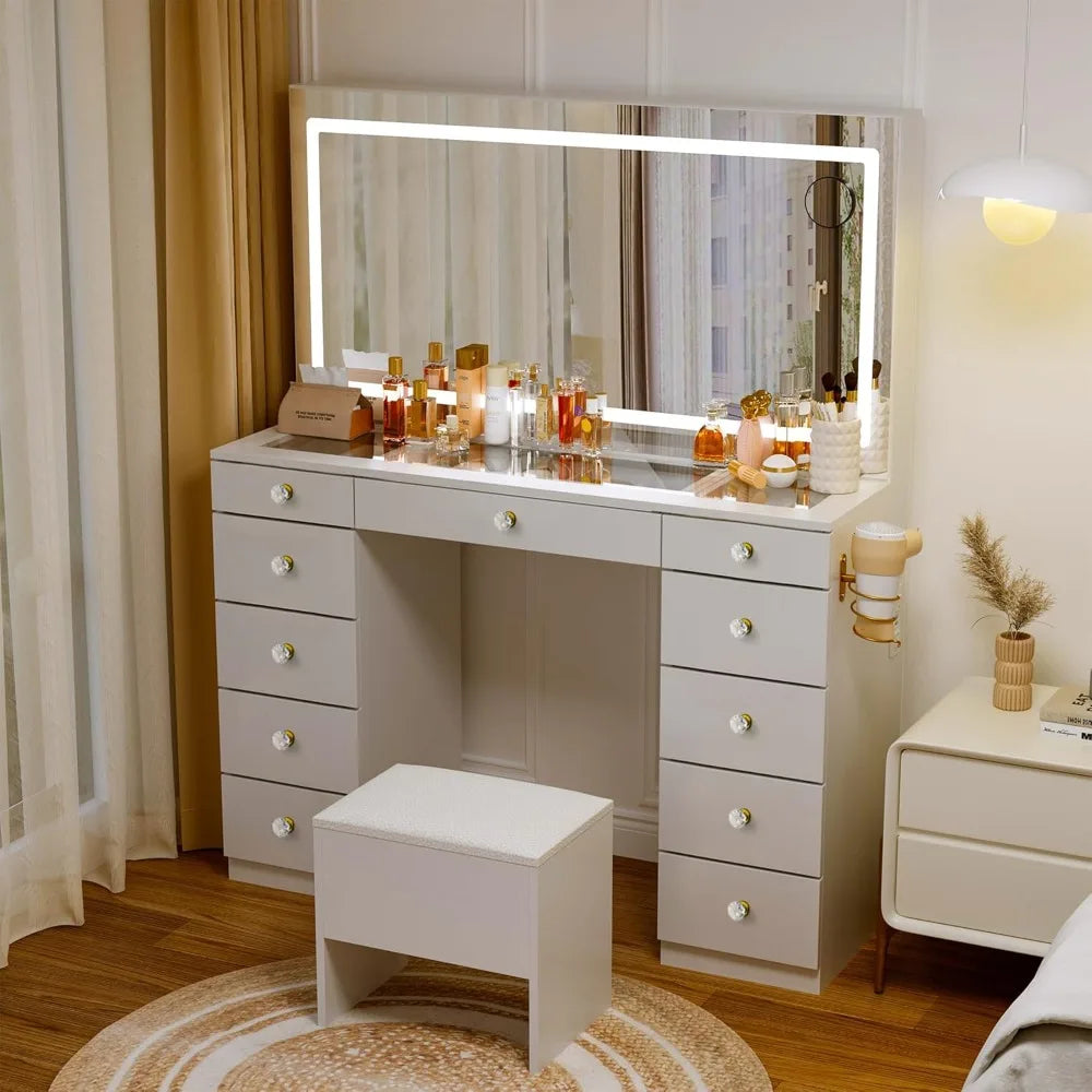 Glass Top Vanity Desk with 11 Drawers LED Mirror and Stool for Makeup