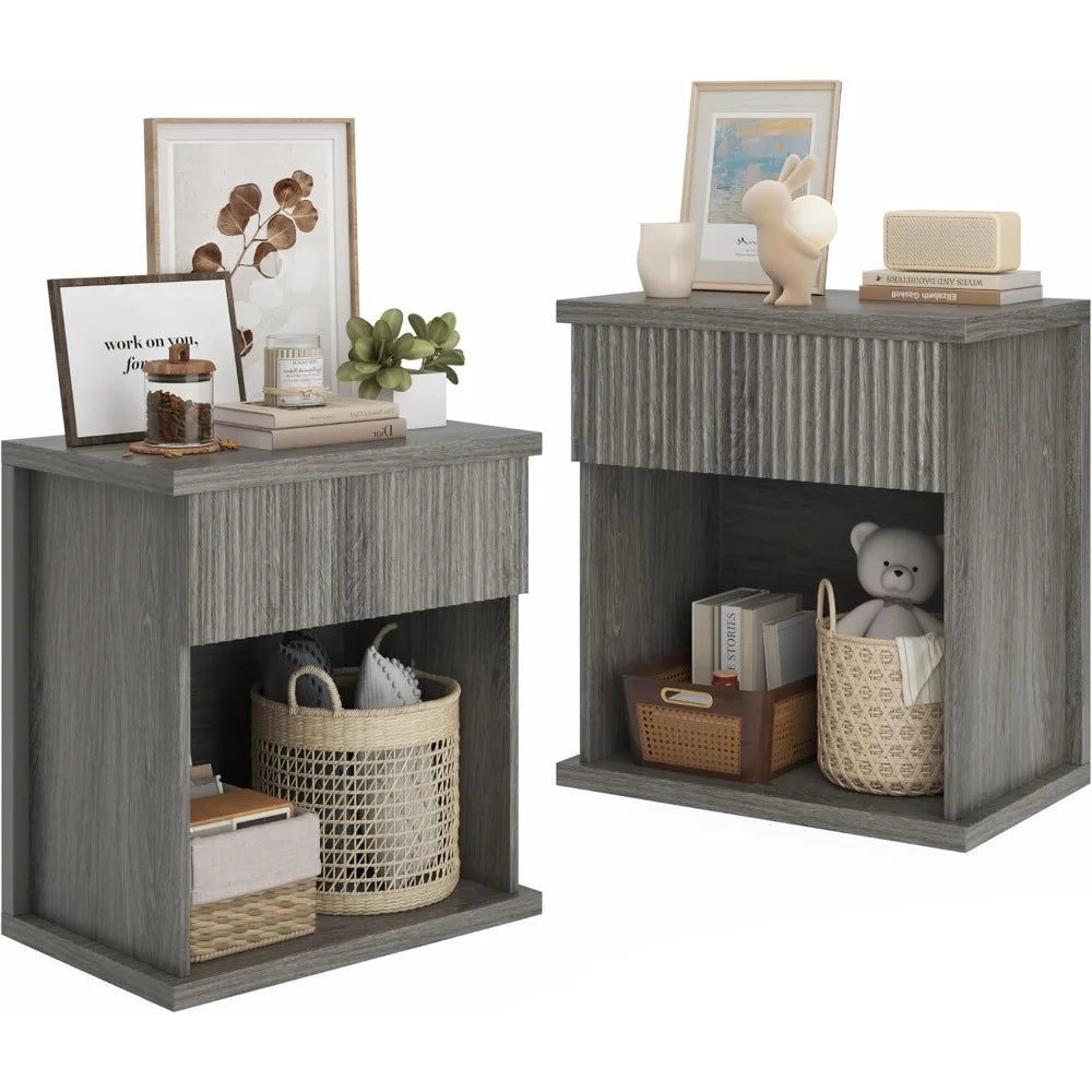 Fluted Nightstand Set of 2 Modern Wood Bedside Tables for Bedroom Storage