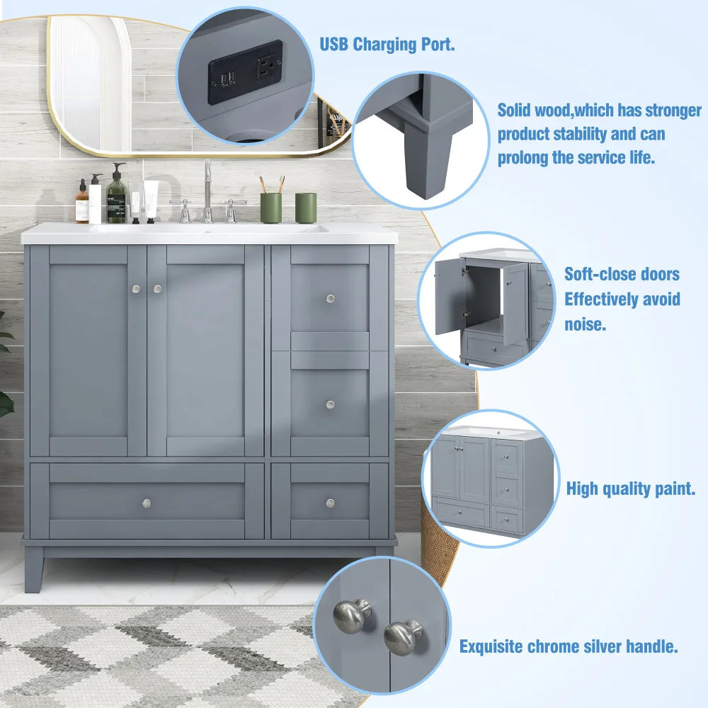 36 Inch Modern Bathroom Vanity with USB Charging and Ample Storage