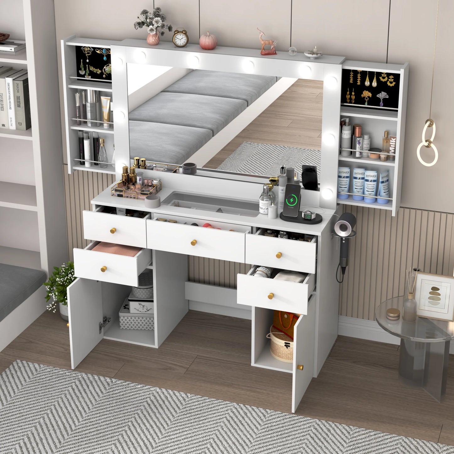 Vanity Desk with Lighted Mirror Charging Station & Storage Set
