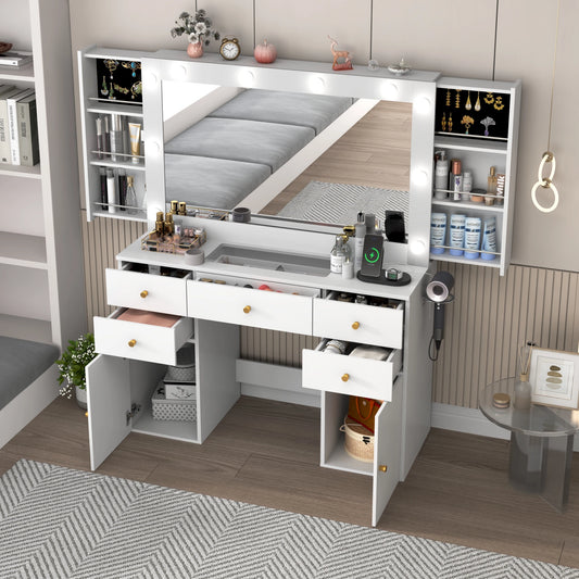 Vanity Desk with Lighted Mirror Charging Station & Storage Set