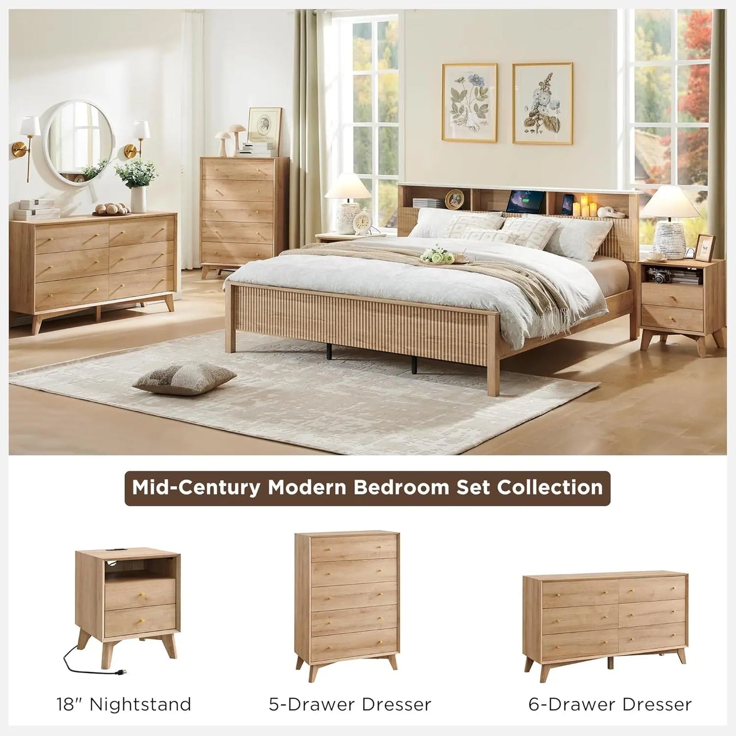 6 Drawer Dresser Mid Century Modern Chest of Drawers Wood Organizer