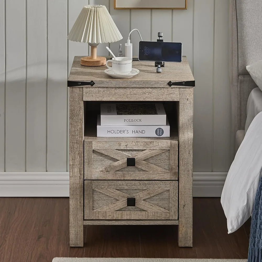Nightstand with Charging Station 2 Drawers Farmhouse Bedside Table