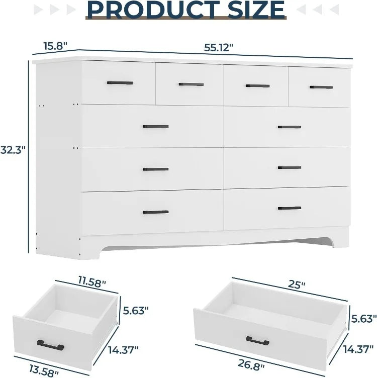 White Dresser 10 Drawers Chest of Drawers Storage Organizer TV Stand