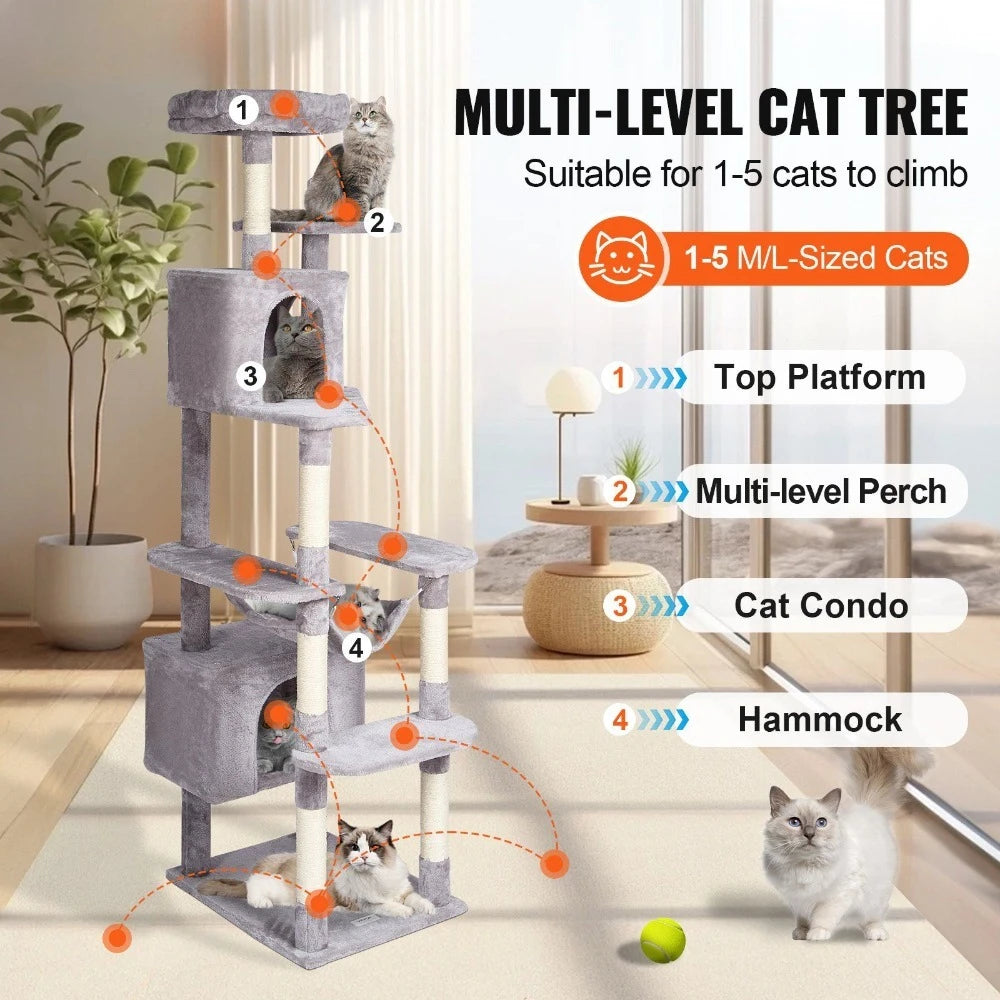 72 Inch Cat Tower Indoor Cats Multi-Level Scratching Post Condo