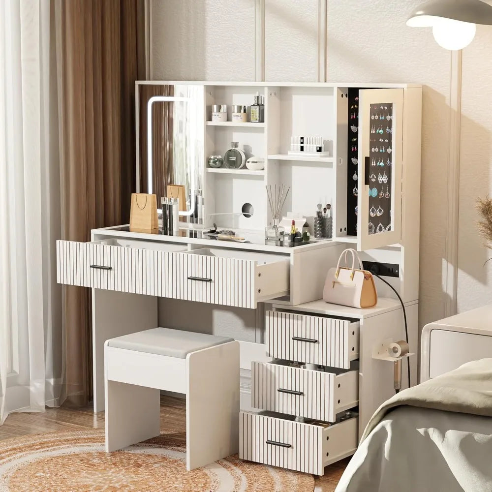 Large White Vanity Desk with Mirror Lights Makeup Table 5 Drawers Charging
