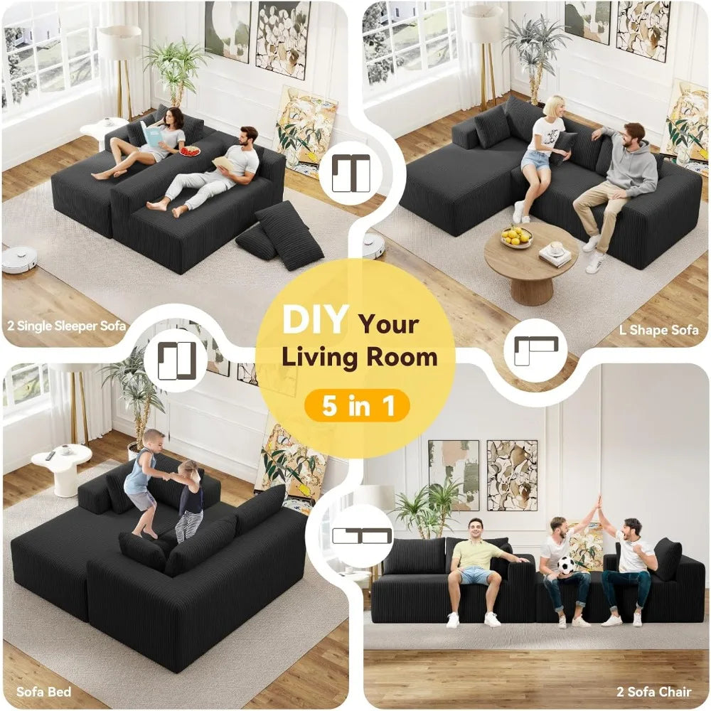 L-Shaped Cloud Sectional Sofa Modular Deep Seat No Assembly Corduroy