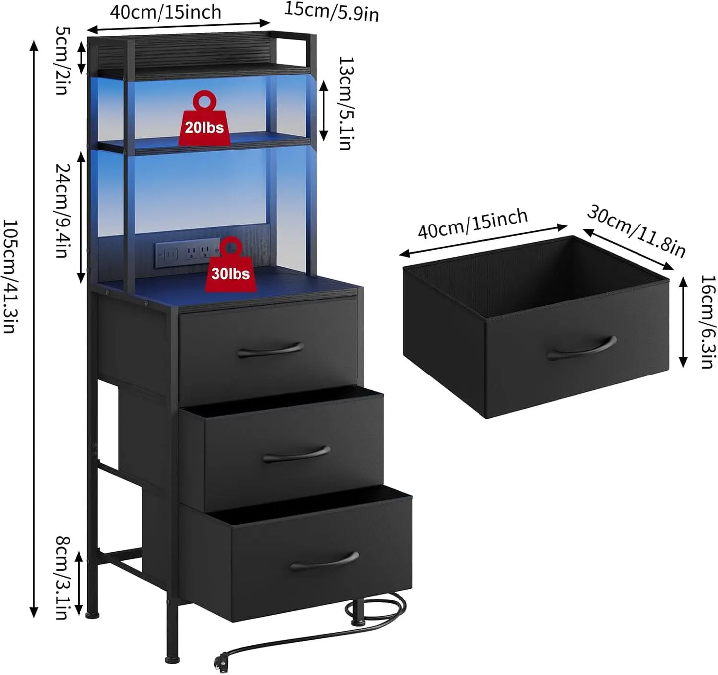 41 Inch Tall Nightstand with USB Charging Station and LED Lights