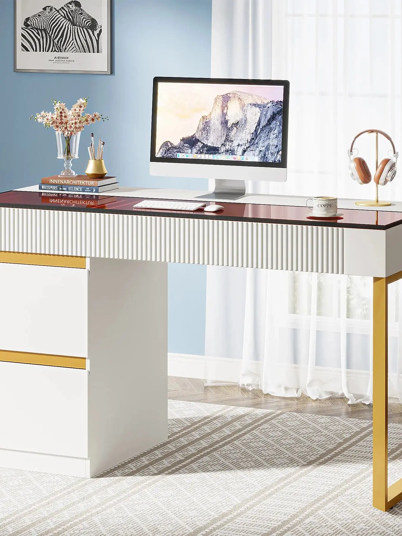 Modern 47 Inch Computer Desk with 4 Drawers Glass Top Home Office Furniture