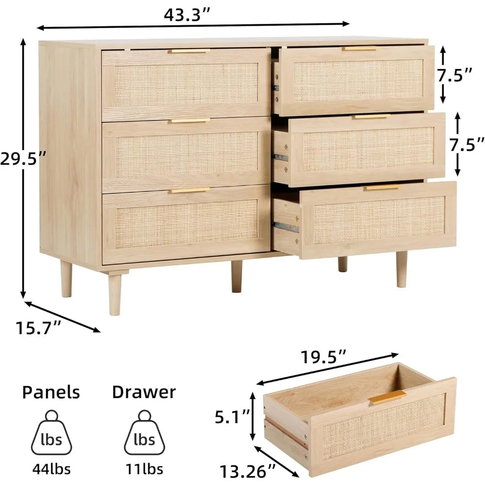 6 Drawer Rattan Dresser Modern Chest of Drawers Storage for Bedroom