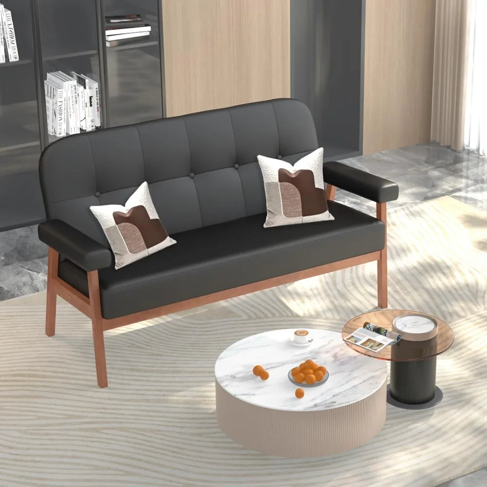 50” Black Faux Leather Mid Century Loveseat – Small 2-Seater Sofa with Wood Arms