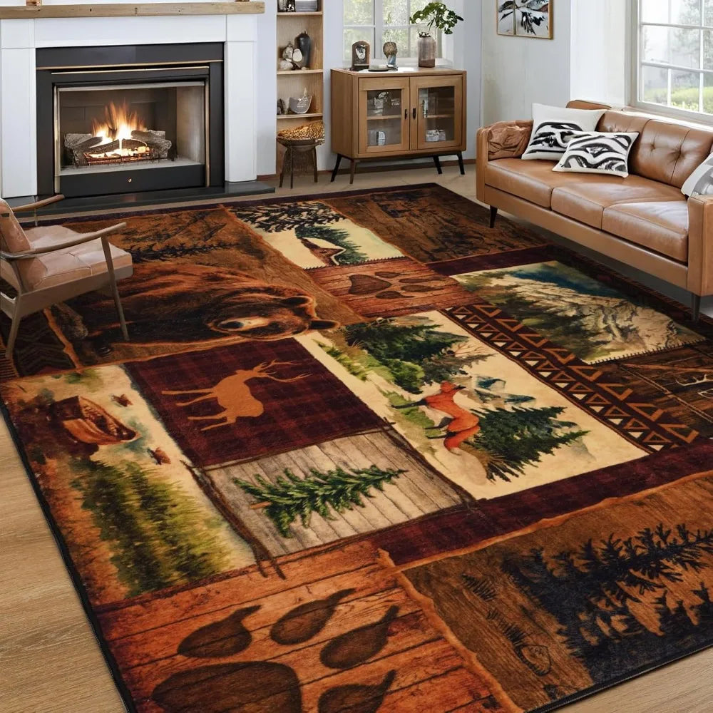 Farmhouse 6x9 Area Rug Buffalo Plaid Lodge Bear Moose Deer Living Room