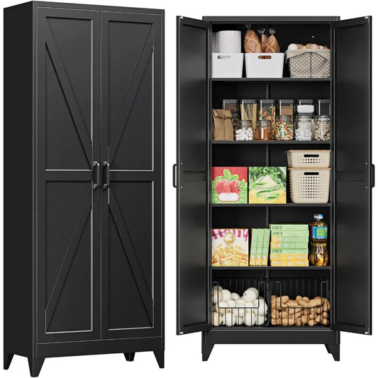 75 Inch Farmhouse Metal Storage Cabinet Adjustable Shelves Pantry Organizer