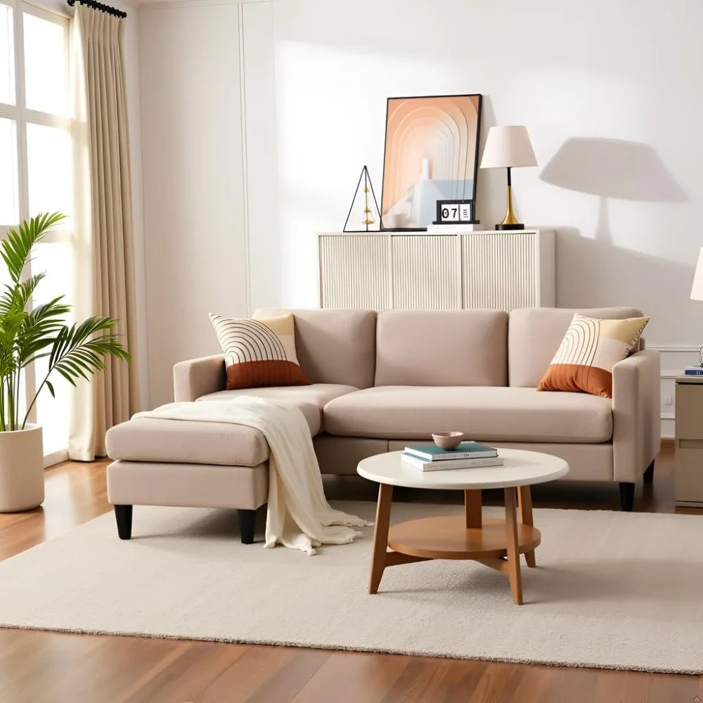3-Seater L-Shaped Sectional Sofa w/ Storage Ottoman – Beige Linen Couch for Small Spaces