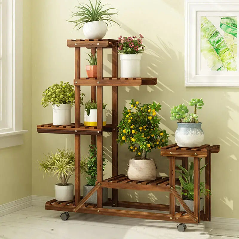 Ljustra Wooden Plant Stand with Wheels Multi-Tier Rolling Display Rack