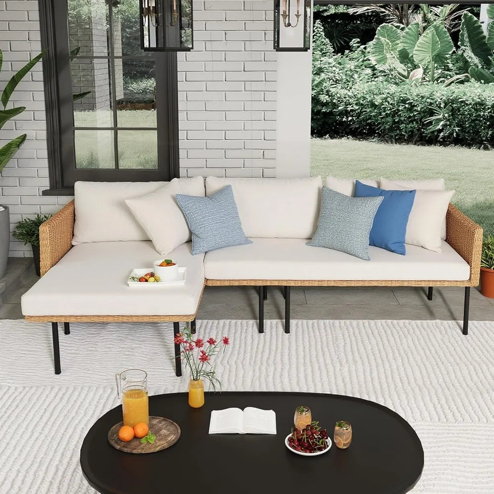 82 Inch Boho L Shaped Outdoor Couch Wicker Sectional Sofa