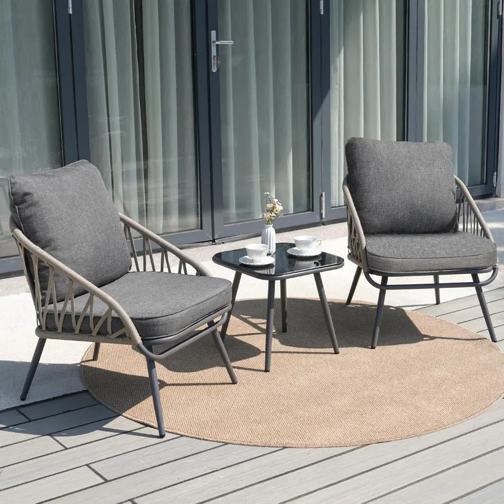 3 Piece Patio Bistro Set Outdoor Furniture Woven Rope Chairs Small Spaces