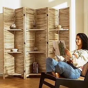 Folding Wood Room Divider with Shelves for Home Office and Study