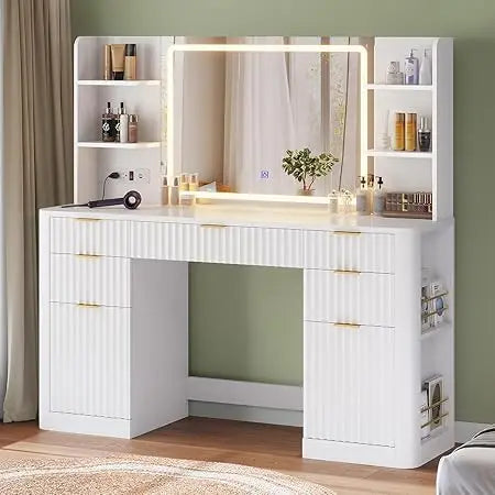 51.2" Fluted Makeup Vanity Desk with Mirror Lights 5 Drawers Shelves