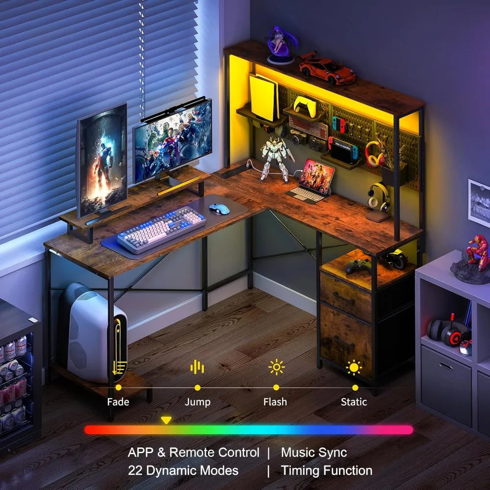 L Shaped Desk with Pegboard LED Lights and Power Outlets for Gaming