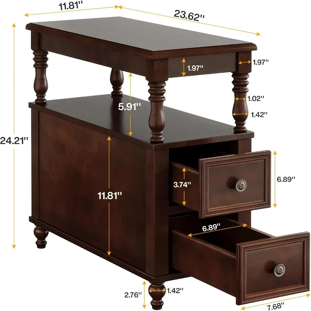 Solid Wood Nightstand 2 Drawers Mid-Century Modern Bedroom Table
