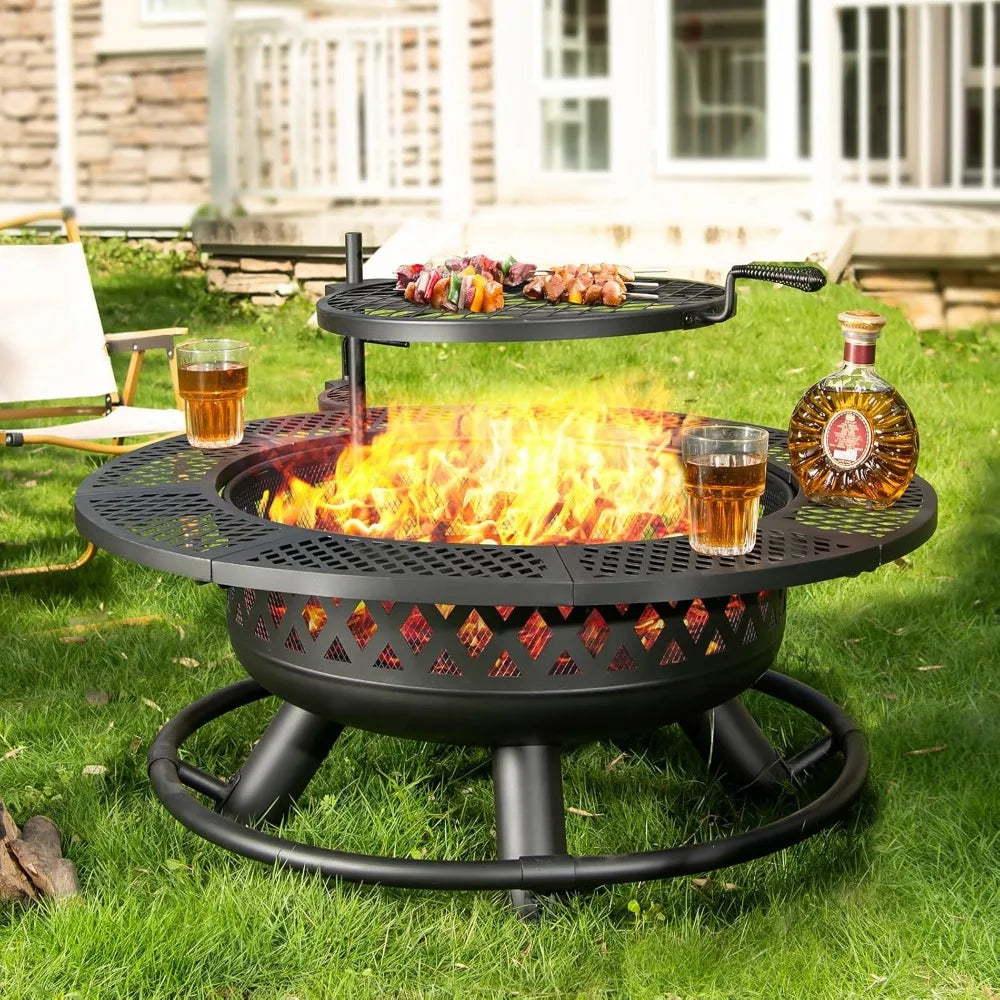 36 Inch Fire Pit with Grill Wood Burning Outdoor Fire Pit Table