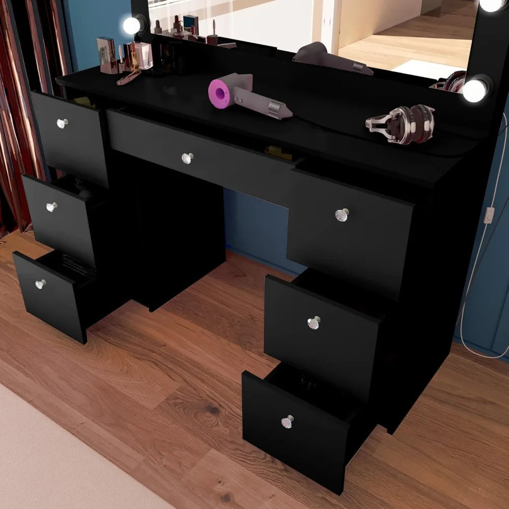 Yara Large Vanity Makeup Desk with Hollywood Mirror and Built-in Lights