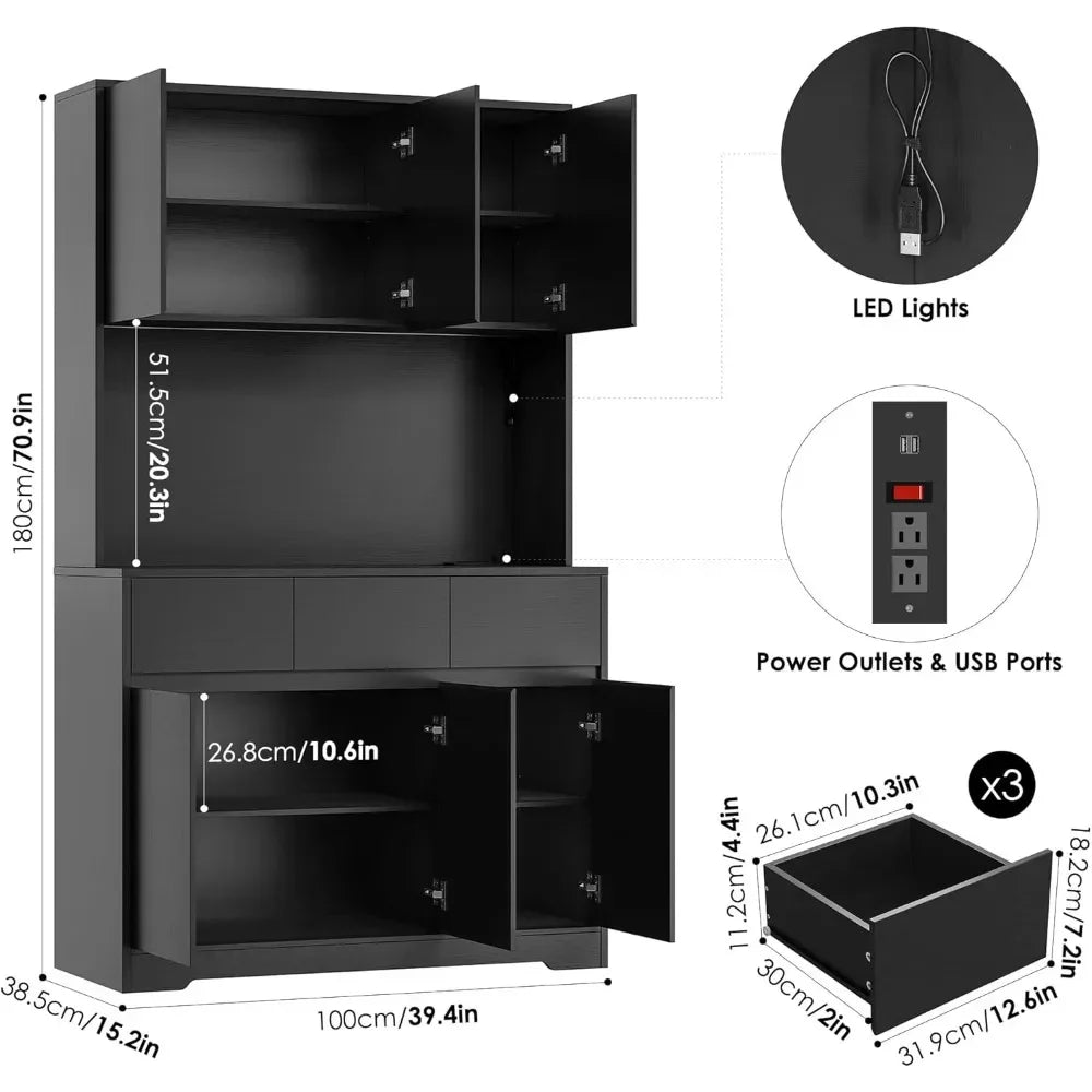 71 Inch Tall Kitchen Pantry Storage Cabinet with Power Outlets and LED Lights