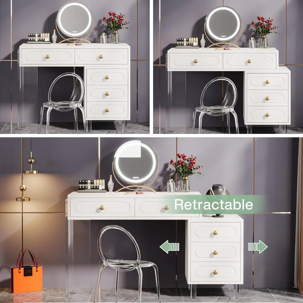 White Makeup Vanity Desk with 5 Drawers Extendable Modern Dressing Table