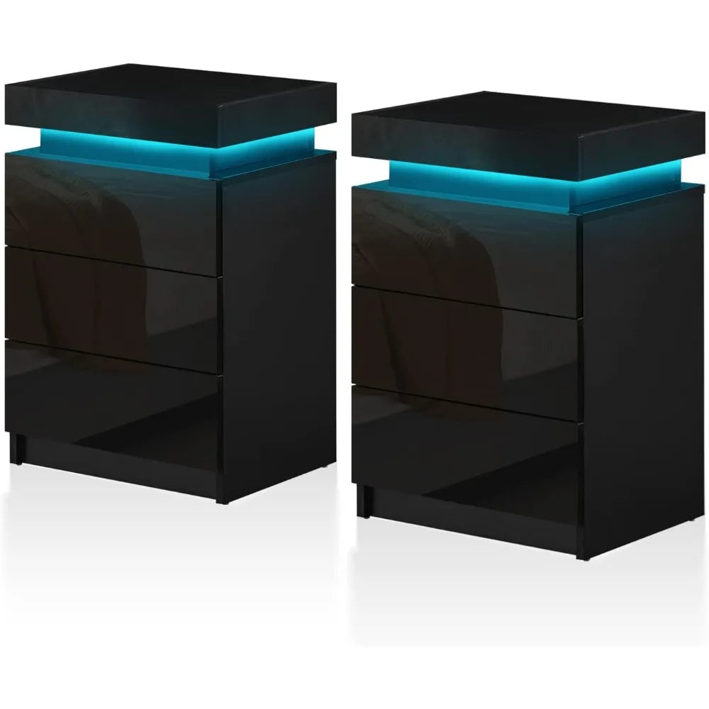 Modern Nightstands Set of 2 with LED Light and 3 Drawers Storage