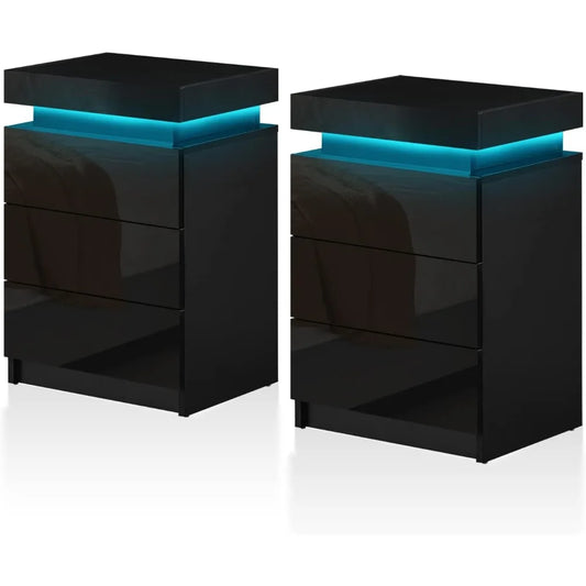 Modern Nightstands Set of 2 with LED Light and 3 Drawers Storage