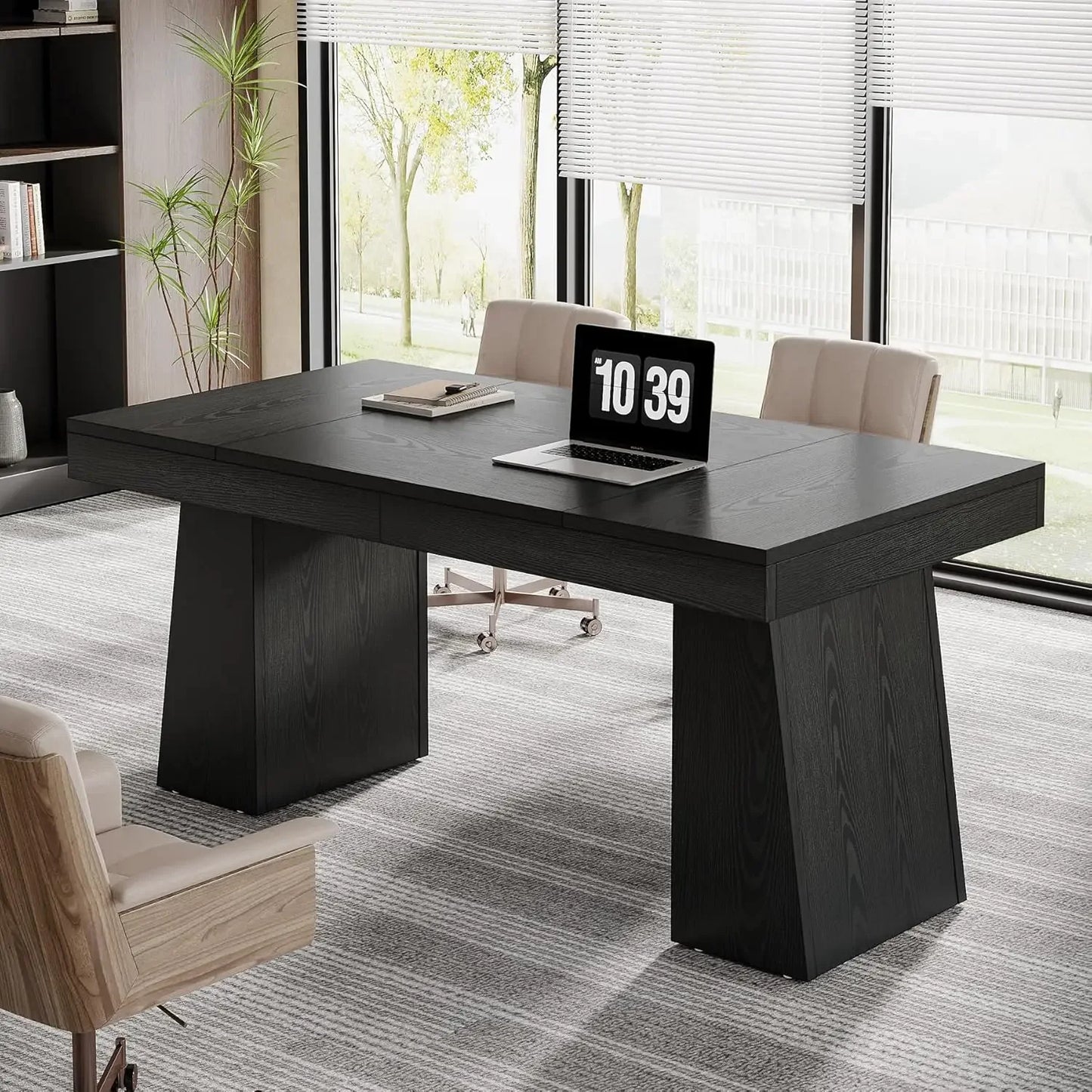 55 Inch Mid-Century Modern Executive Desk Wood Computer Business Workstation